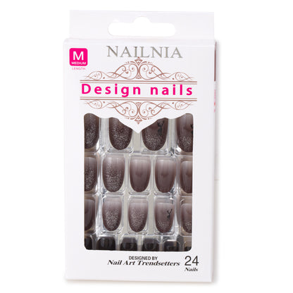 NAILNIA 24Pcs Short Press on Nails Round Fake Nails Black False Nails with Glitter Design Full Cover Artificial Nails Glossy Glue on Nails Reusable Acrylic Nails Cute Press on Nails Stick on Nails for Women