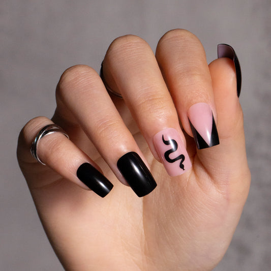 Black Square Press on Nails Snake Pattern French Tips