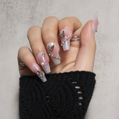 Rhinestone Butterfly Pink Glitte Nails