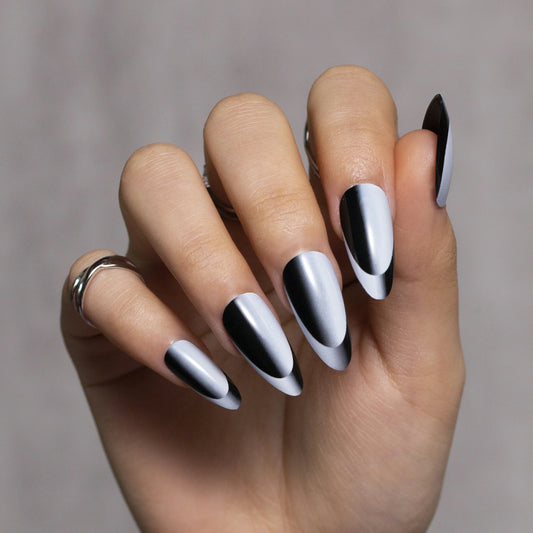 Almond Black White French Style Nails