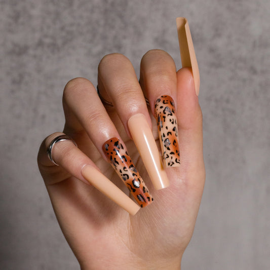 Press on Nails with Brown Leopard Print Glitter Extra Long