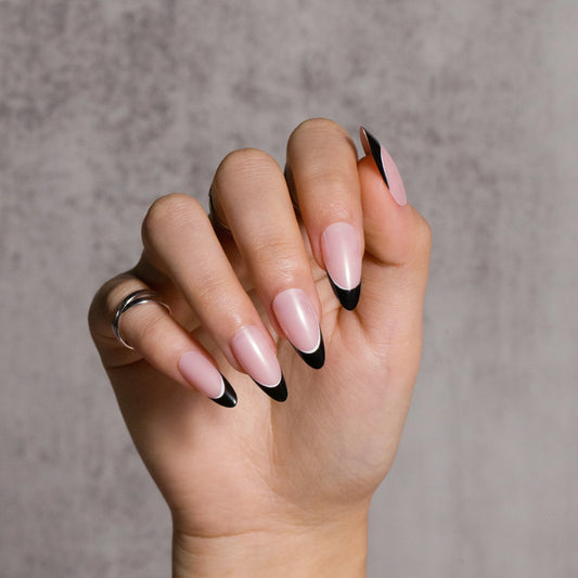 French Style Press On Nails Pink,Black Tip