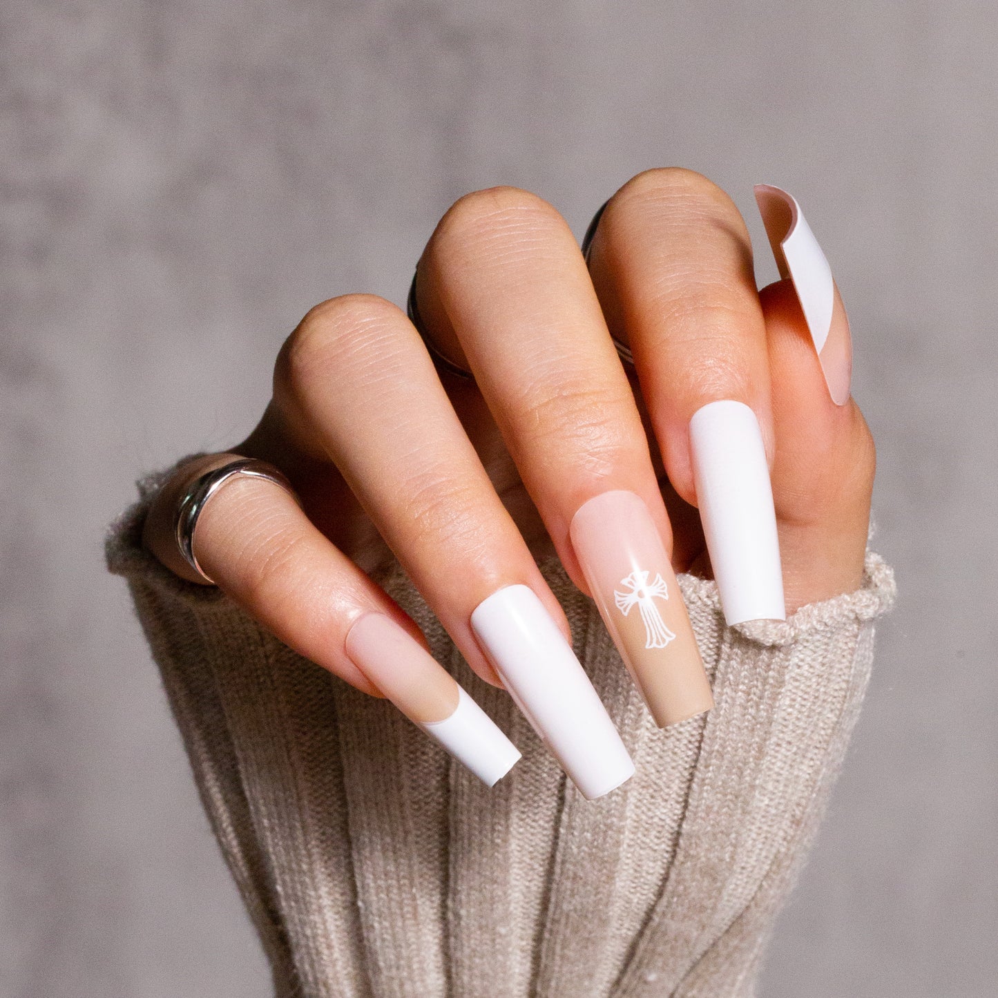 White Pure Color Press on Nail with Pattern