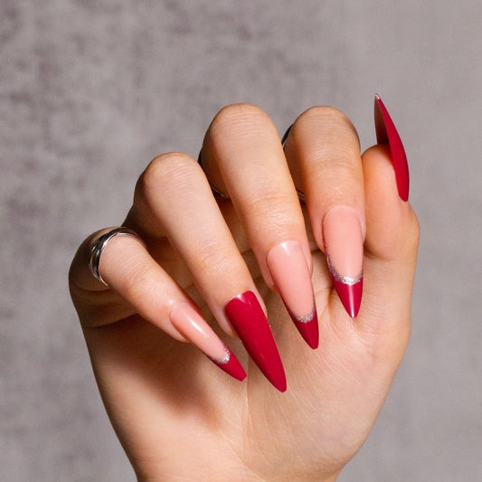 Red Press on Nails Long Stiletto French Tip Fake Nails with Glitter Line