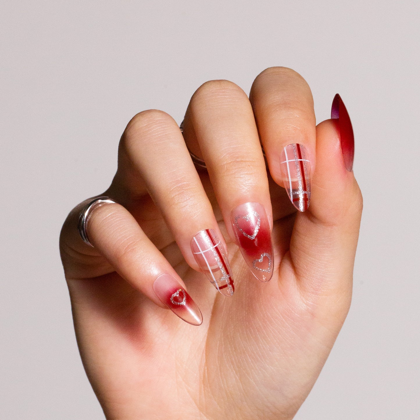 Press on Nails with Glitter Strip White & Red Strip Designs Heart Pattern