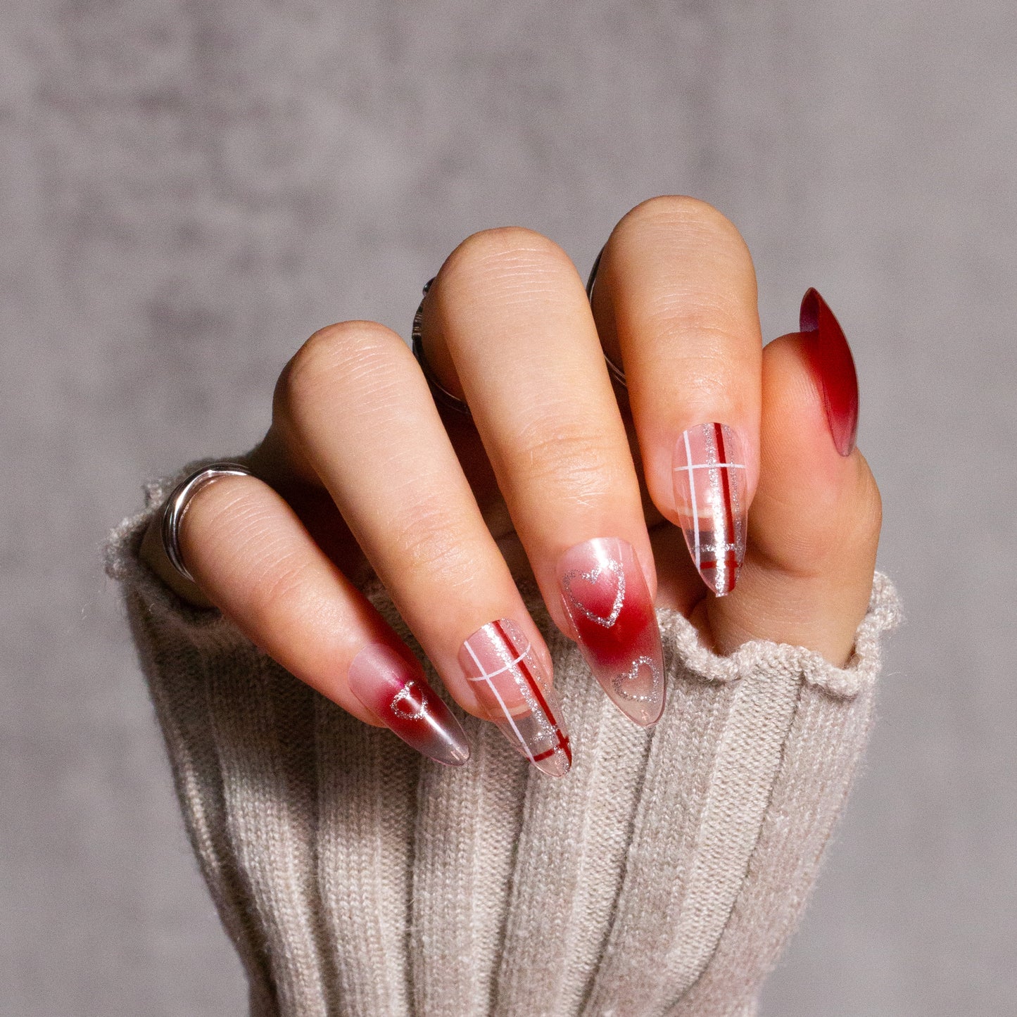 Press on Nails with Glitter Strip White & Red Strip Designs Heart Pattern