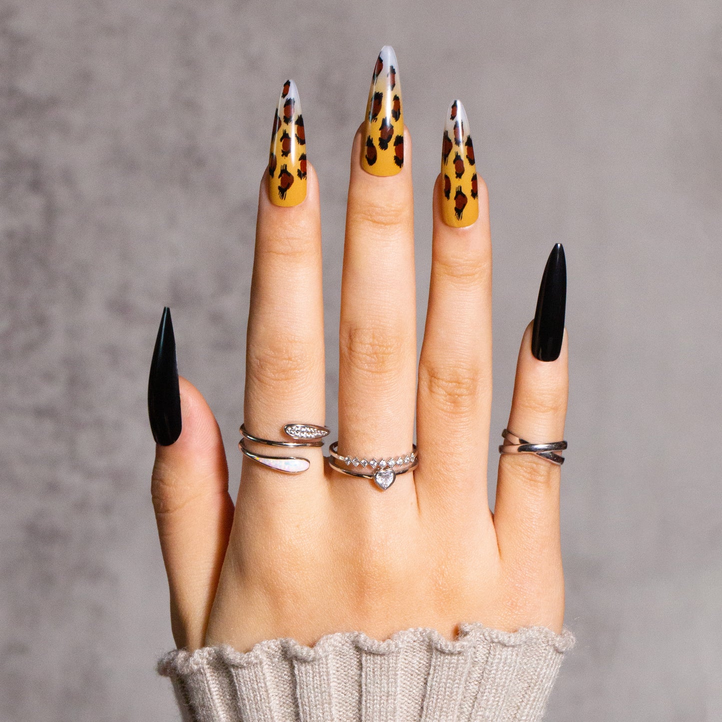 Long Stiletto Press on Nails Yellow Black With Pattern