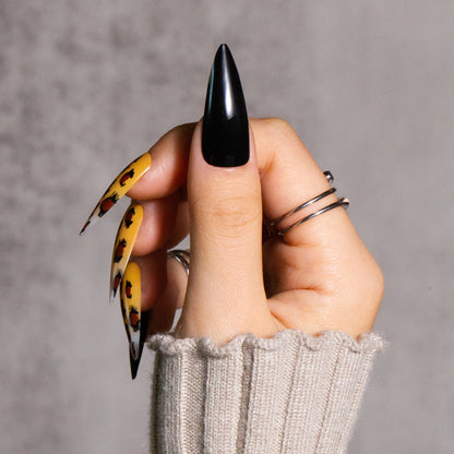 Long Stiletto Press on Nails Yellow Black With Pattern