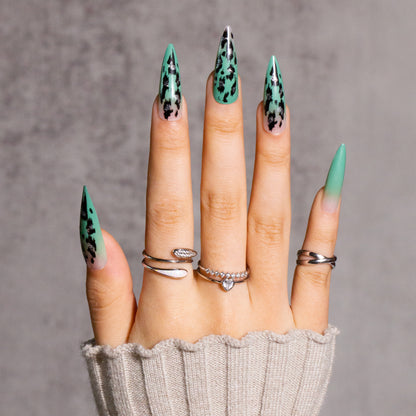 Long Stiletto Press on Nails Green With Pattern