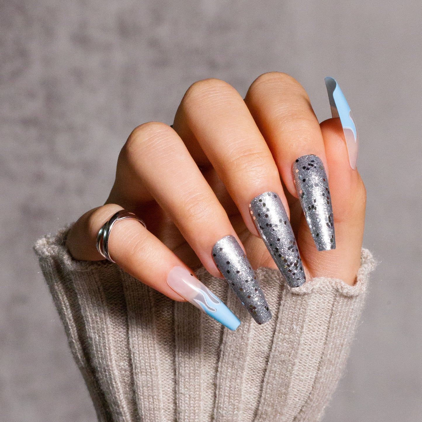 Press on Nails Long Coffin with Glitter Designs Silver