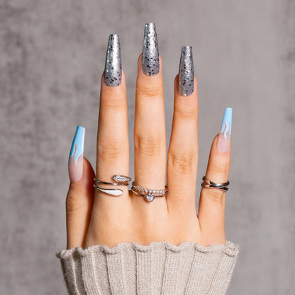 Press on Nails Long Coffin with Glitter Designs Silver