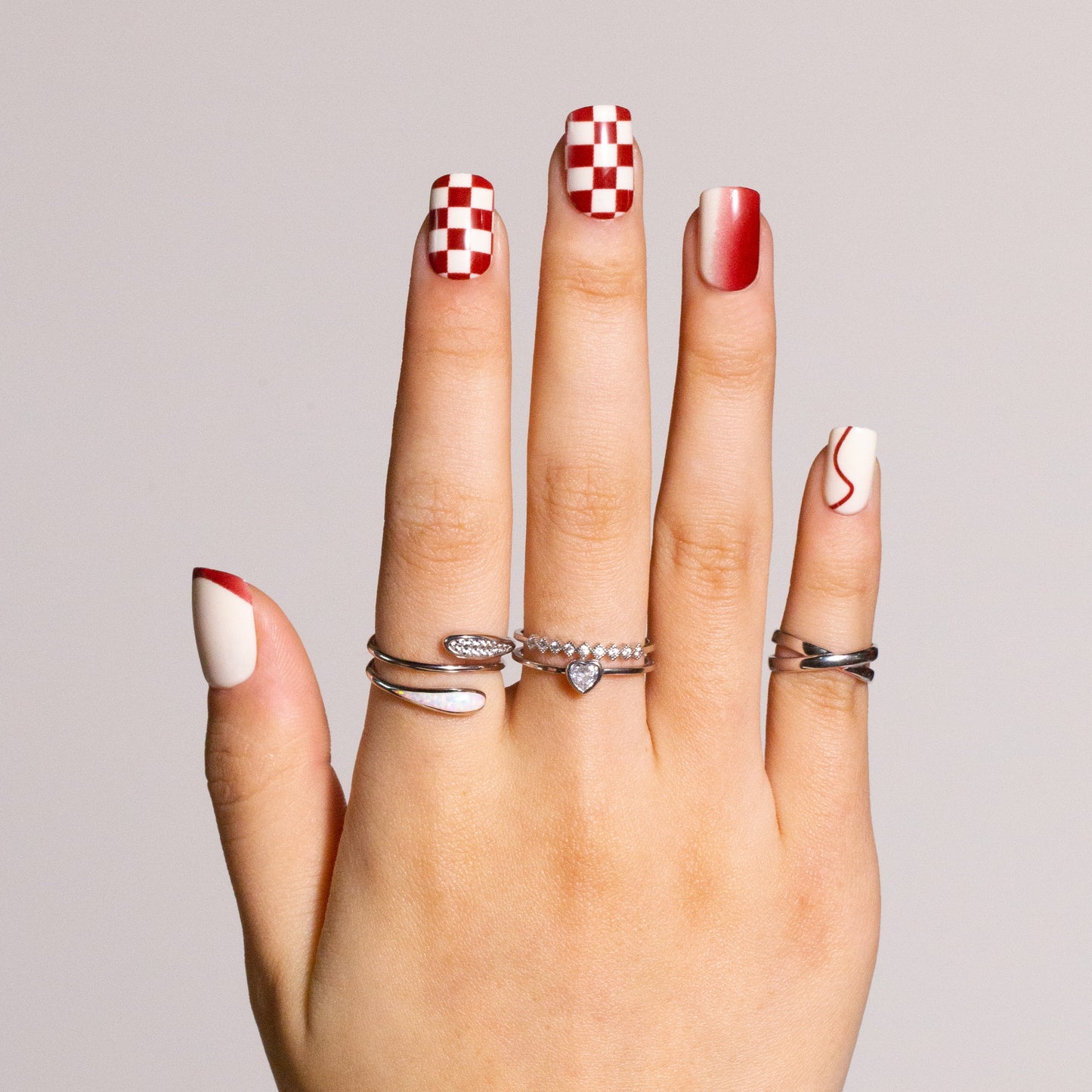 Press on Nails Squoval with Geometric Pattern and Red Strip Designs