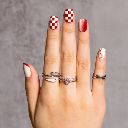 Press on Nails Squoval with Geometric Pattern and Red Strip Designs