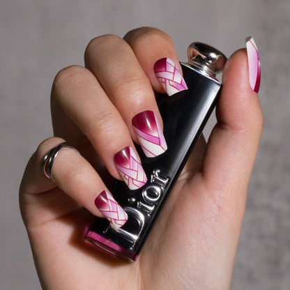 Press on Nails Dark Red with Geometric Pattern