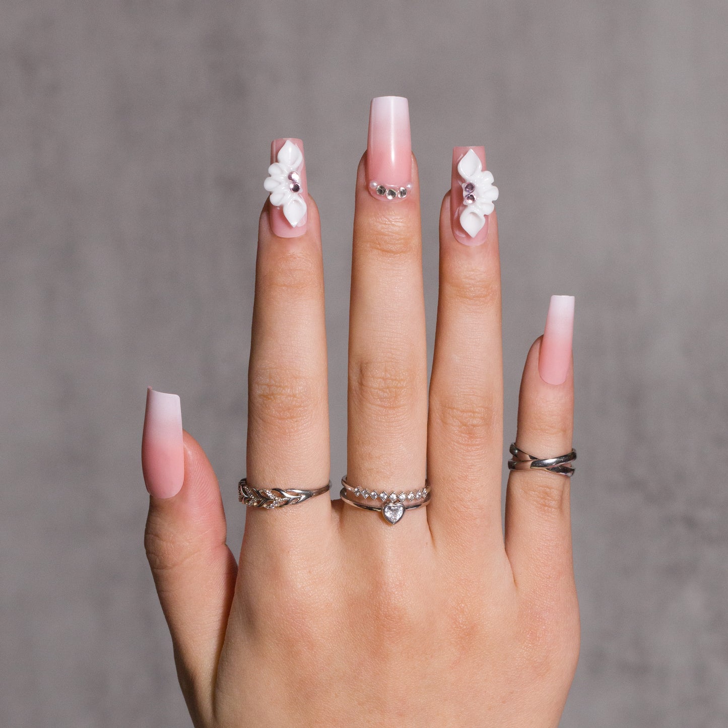 Square Press on Nails Pink White Floral Design