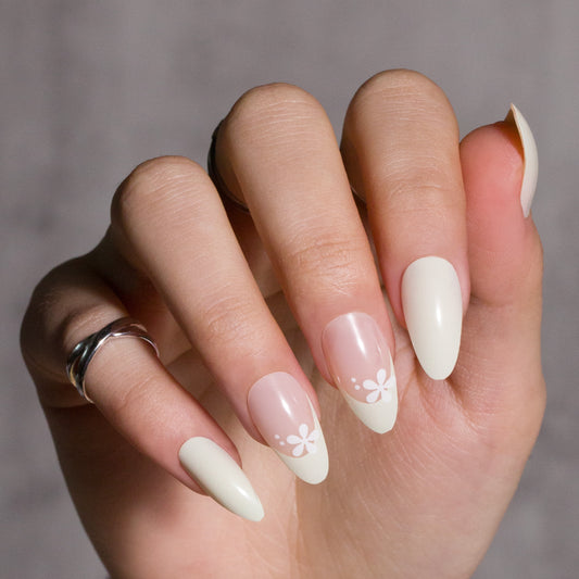 White French Tip Press on Nails With Flower Designs