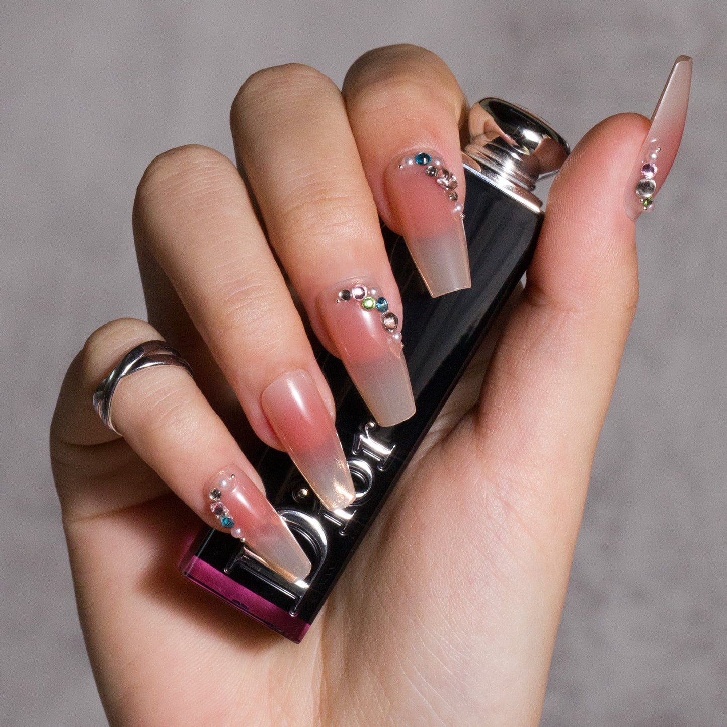 Press on Nails Long Coffin Light Pink Gradient Fake Nails with Rhinestones