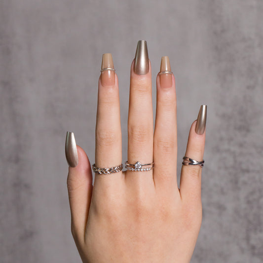 Press on Nails Luxurious Champagne & Sliver Ring Coffin