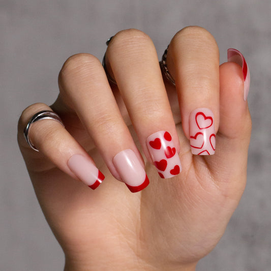Square Press on Nails Short French Heart Shape Pattern