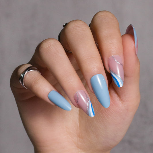 Blue Press on Nails Almond Shape Blue White Silver Waves