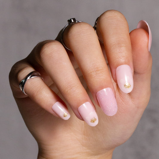 Pink Glitter Press on Nails Round Head White Flower Gold Foil