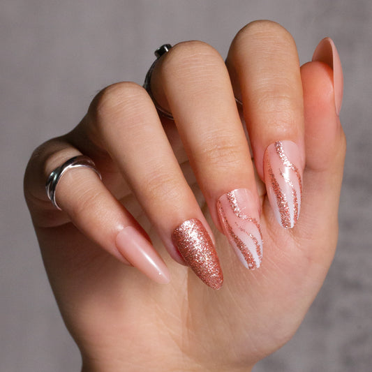 Nude Pink Press on Nails with Swirl Designs Glitter Sequins