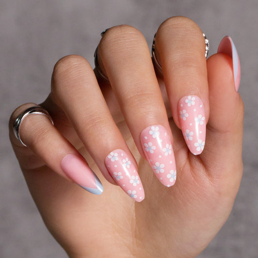 Pink Press on Nails with White Flower Design Medium Almond