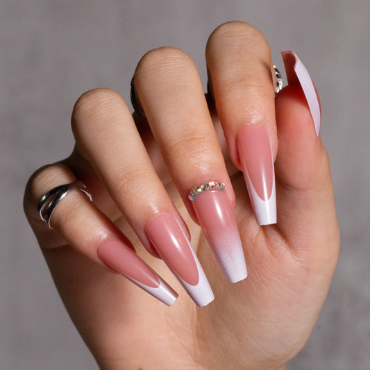 White Tip Gradient Pink Press on Nails, Ombre Pink to White Rhinestones