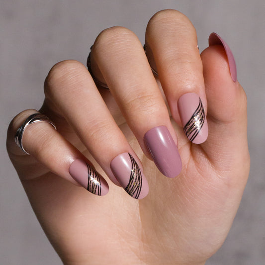 Oval Pink Medium Press On Nails with Black Line Gold Foil Design