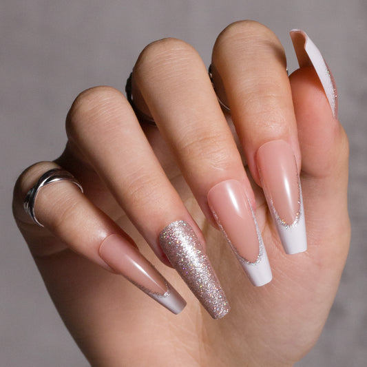 Coffin Ballerina Shaped Press on Nails Long French Tips White Fake Nails with Glitter Design