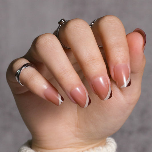 Nude Pink Press on Nails with White Lines