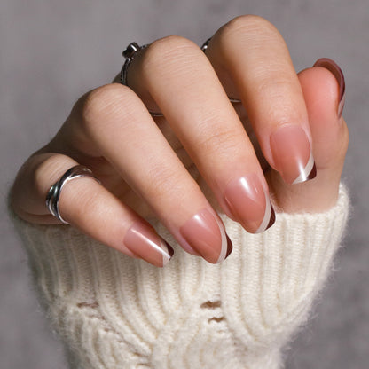 Nude Pink Press on Nails with White Lines