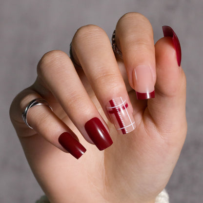 Red French Tip Press on Nails Line Designs
