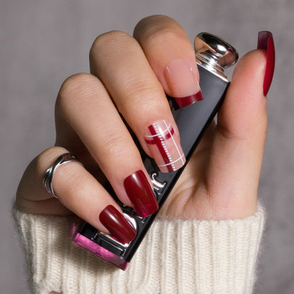 Red French Tip Press on Nails Line Designs