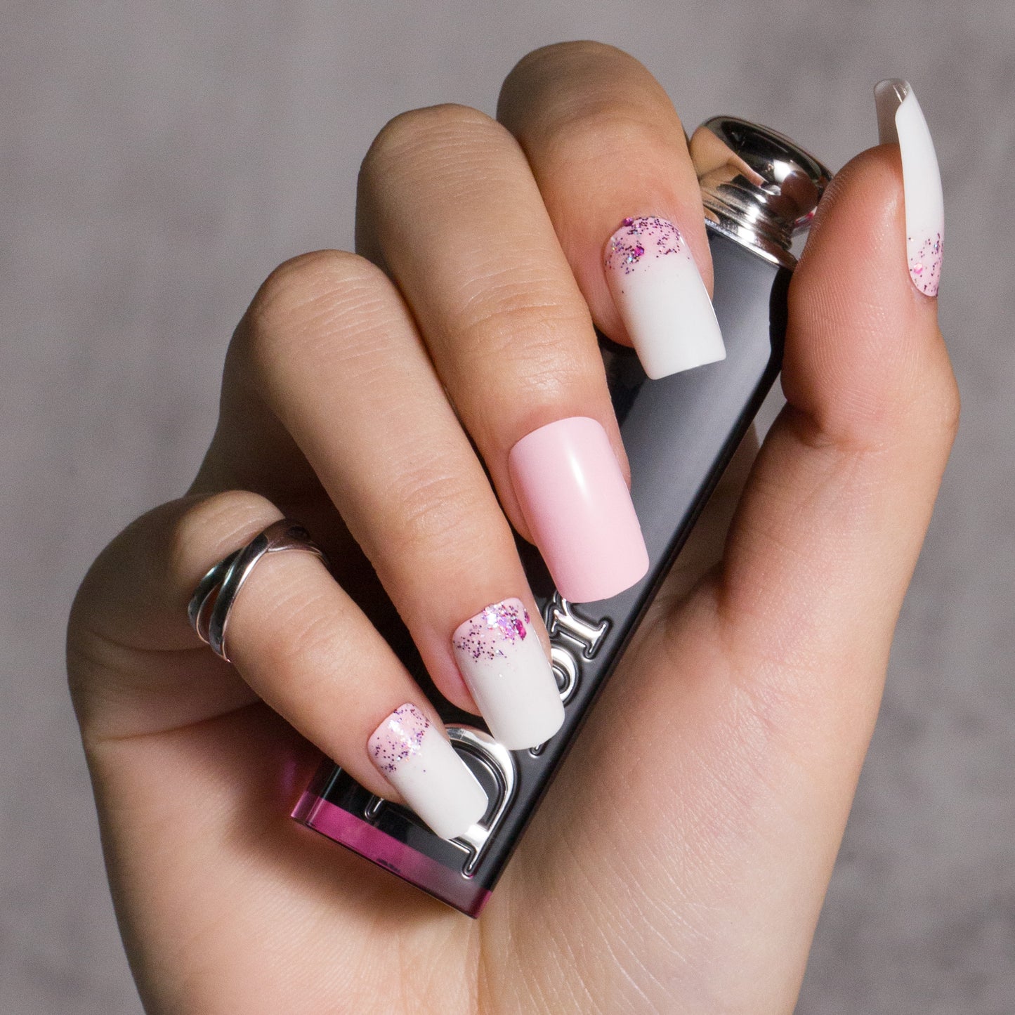 Pink & White Press on Nails Purple Glitters