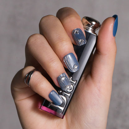 Press On Nails With Line and Dimonds Designs (Deep Silver Blue)